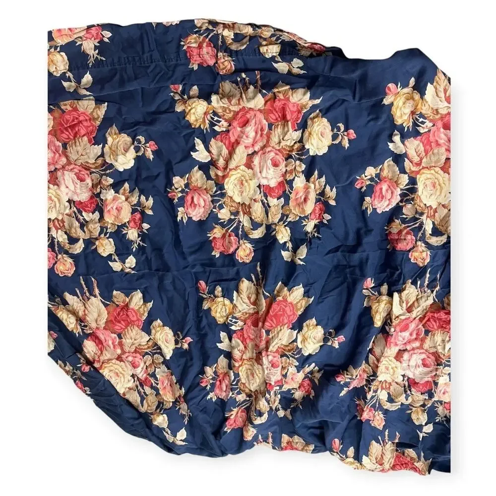 Vtg Ralph Lauren Winslow Full Flat Sateen Sheet Navy Blue With Roses Floral